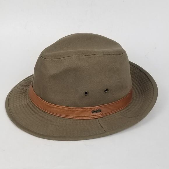 Scala Hat Safari Fitted Mens Medium Olive Brown Leather Band Vented Outback - Picture 1 of 13